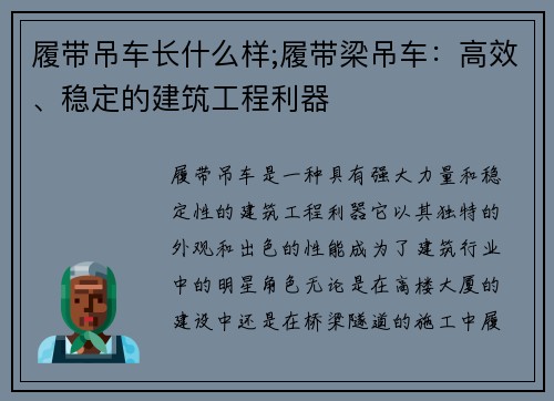 履带吊车长什么样;履带梁吊车：高效、稳定的建筑工程利器