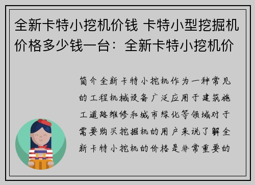 全新卡特小挖机价钱 卡特小型挖掘机价格多少钱一台：全新卡特小挖机价格揭晓