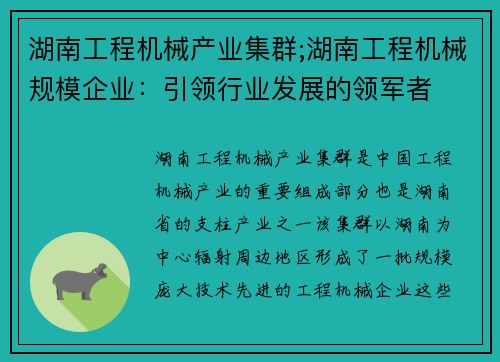 湖南工程机械产业集群;湖南工程机械规模企业：引领行业发展的领军者